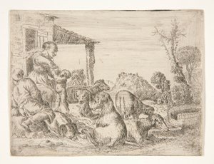 Sans titre (Famille de paysans avec des chiens et des agneaux dans un paysage) - Unknown