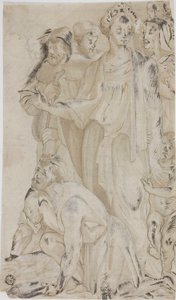 Femme et jeune garçon nu entourés de figures - Unknown