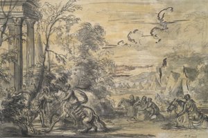 Femme à cheval traversant un ruisseau - Unknown