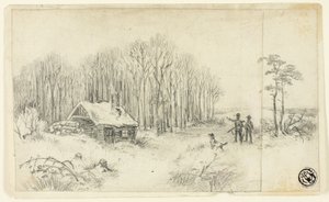 Cabane en forêt, avec des chasseurs approchant