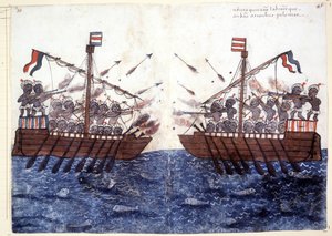 Gravure du XVIe siècle représentant la rencontre avec un navire pirate dans l