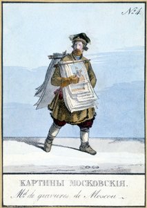 Marchand de gravures à Moscou au 19ème siècle. Illustration du 19ème siècle