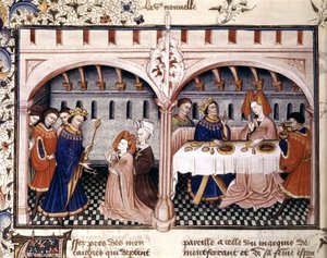 6ème nouvelle : Giovanna déjeunant avec Federigo Alberighi, illumination extraite du Décaméron de Boccace (1432)