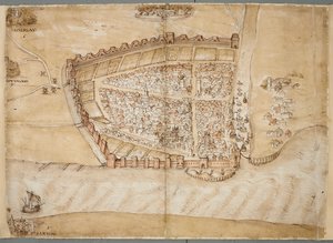 Une représentation du XVIe siècle de la ville de Hull. Cette carte montre la ville de Hull, située là où la rivière Hull se jette dans l