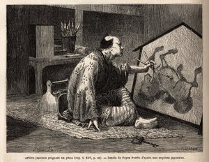 Un artiste japonais peignant un yema (peinture de cheval légendaire). Gravure pour illustrer le voyage au Japon, en 1863-1864, par Aimé Humbert, ministre de la Confédération suisse, dans "Le tour du monde, nouveau journal des voyages" publié sous la direct
