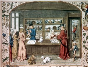 Une boutique de bijoux miniature de "Le lapidaire de Jean (Jehan) de Mandeville (1300-1372)" 15ème siècle Paris, B.N.