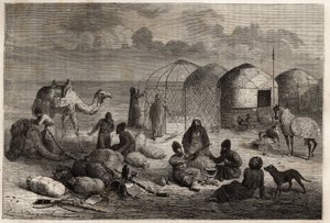 Un camp turcoman à la frontière du Turkestan et de la Perse, chaque tente, composée de treillis en bois et recouverte de feutre, abrite une famille. Gravure pour illustrer le récit d