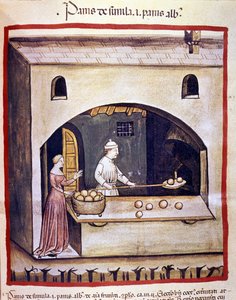Un boulanger prépare du pain blanc et du pain de semoule. Enluminure du « Tacuinum sanitatis » - Unknown artist