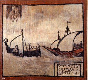 Une galère barbaresque poursuit un bateau de pêcheurs napolitains. Ex-voto du 17ème siècle. Madonna dell