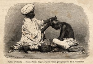 Un barbier travaillant dans les rues de Calcutta. Gravure pour illustrer le voyage dans les provinces méridionales de l
