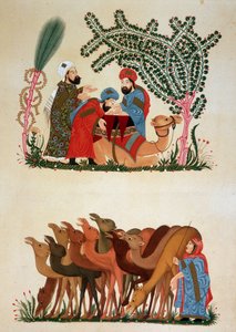 Une caravane en mouvement. Illustration du 13e siècle des "Maqamat" (Séances) par Abu Mohammed al-Kasim ibn Ali Hariri (ou Al-Hariri ou Al Hariri) (1054-1122) dans "L
