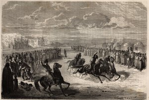 Un concours de lutte à mains nues et une course de chevaux parmi les Turcomans, organisée lors des grandes fêtes publiques, la distance de la course est d