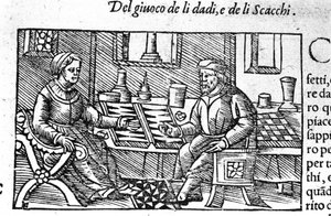 Un couple jouant aux dés. Gravure d