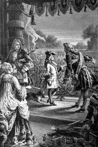 Une courtisane montre au jeune Louis XV (1710 - 1774) la foule en joie et lui dit Un jour tout cela sera à toi. Gravure du 19ème siècle. - Unknown artist