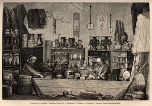 Un commerce de curiosités à Yokohama. Gravure pour illustrer le voyage au Japon, par Aimé Humbert, ministre de la Confédération suisse, en 1863-1864, publié dans « Le tour du monde » 1869, édité par Édouard Charton, édition Hachette, Paris. Collection Selv - Unknown artist