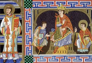 Un diacre, une figure noble, un roi et un évêque illustrant les gens du dixième siècle ; Illustration du dix-neuvième siècle tirée de « La France au dixième siècle »