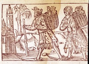 Une famille de Norvégiens voyageant à ski. Gravure d