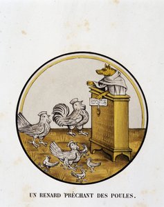 Un renard prêchant des poules (roman de Renart) - caricature religieuse, Limoges - Unknown artist