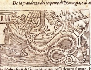 Un serpent marin géant attaque un navire et bat son équipage. Gravure par Olaus Magnus (1490 - 1557), religieux et géographe suédois, « Historia de Gentis Septentrionalibus », Venise