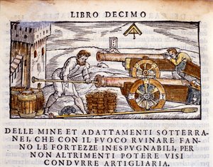 Un artilleur chargeant un canon avec des explosifs. Gravure de « De la Pyrotechnia » de Vannoccio Biringuccio 1550