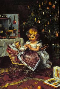 Une petite fille découvre la poupée et le landau sous le sapin de Noël. 19ème siècle - Unknown artist
