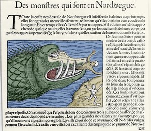 Un monstre marin bat un nageur près des côtes de la Norvège. Gravure par Olaus Magnus (1490 - 1557), religieux et géographe suédois, « Historia de Gentis Septentrionalibus », Venise - Unknown artist