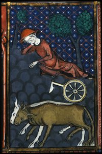 Un paysan se reposant, à côté de lui des bœufs et une charrue miniature du 14ème siècle - Unknown artist