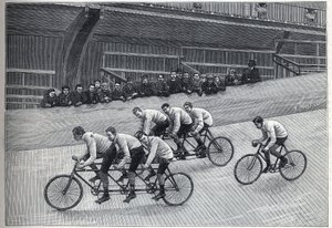 Un cycliste recordman avec ses entraîneurs sur des trains triplets sur une piste cyclable. Gravure dans « La Nature » - Unknown artist
