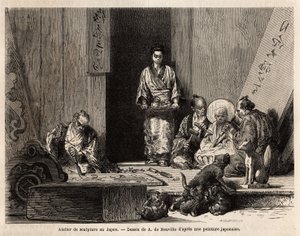 Un atelier de sculpture à Yedo (ou Edo, Tokyo actuel), taillant du granit pour la fabrication de piliers, statuettes, candélabres et pierres tombales, ainsi que la sculpture sur bois, pour la fabrication de panneaux d