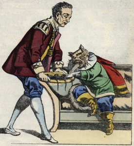 Un serviteur sert au chat botté un plateau de souris. Illustration du conte « Le Chat botté » de Charles Perrault - Unknown artist