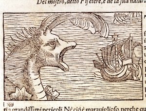 Un cachalot (?) (physeter) attaque un navire. Gravure par Olaus Magnus (1490 - 1557), religieux et géographe suédois, « Historia de Gentis Septentrionalibus », Venise