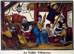 Une vie nocturne de village : une famille de paysans dans une grange - Unknown artist