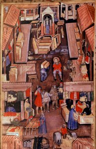 Une promenade : drapiers, tailleurs, marchands de vêtements dans une ville française. En haut, construction d