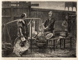 Un marchand de beignets ambulant, porte ses beignets dans des paniers et se rend au marché pour les vendre aux autres marchands pour le déjeuner. Gravure pour illustrer le voyage au Japon, en 1863-1864, par Aimé Humbert, ministre de la Confédération suisse - Unknown artist
