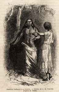 Un guerrier de la tribu indienne des Crows, vivant le long de la rivière Lewis, faisant sa toilette. Gravure pour illustrer une excursion parmi les tribus indiennes des bassins de la Colombie et du Haut Missouri, par G. Catlin, en 1855, publié dans « le to - Unknown artist