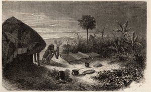 Un tisserand et son tisserand, sur les rives du fleuve Zambèze. Gravure pour illustrer les premiers voyages du Dr Livingstone en Afrique australe de 1840 à 1856, dans « Le tour du monde, nouveau journal des voyages » publié sous la direction d