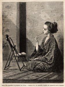 Une jeune fille de Yedo (ou Edo, Tokyo actuel), se peignant les lèvres devant son miroir, a à ses côtés la boîte laquée contenant ses nécessaires : peignes, brosses et épingles à cheveux, poudre dentifrice, poudre de riz et autres cosmétiques. Gravure pour - Unknown artist