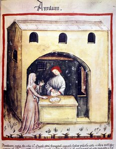 Une jeune femme achète des œufs à un commerçant. Illustration du Tacuinum sanitatis - Unknown artist