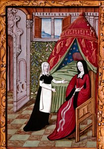 Une jeune femme probablement Louise Laval (décédée en 1480) dans sa chambre avec son serviteur. Miniature tirée de « Histoire de Jean III de Brush et de sa femme Louise de Laval » (ms. 1475, fol. 10r) Chantilly, musée Condé - Unknown artist