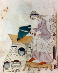 Une jeune femme aiguisant un couteau. Miniature tirée d