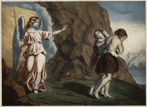 Adam et Ève chassés du Paradis. Gravure anonyme du milieu du 19ème siècle.