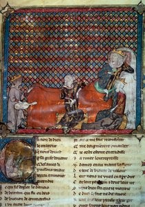 Adenet le Roi (vers 1240 - vers 1300), poète et ménestrel, récite le roman de Cléomadès, devant Mathilde de Brabant (1224-1288) et la princesse Blanche de Castille (fille de Saint Louis). Miniature d