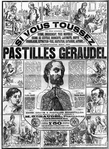 Publicité pour les pastilles Géraudel par le pharmacien Arthur Géraudel (1841-1906) à Sainte-Menehould contre la toux. Gravure dans « Le Monde illustré » - Unknown artist