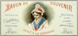 Étiquette publicitaire du « Savon du souvenir, préparé par F. Godfriaux - Maison fondée en 1850 ». Chromolithographie du 19e siècle