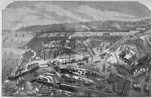 Vue aérienne du port et de la ville du Havre, Seine-Maritime, Normandie, France. Gravure dans "L