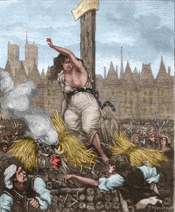 Affaire des Poisons : Catherine Deshayes, épouse Monvoisin et surnommée La Voisin, fut mise sur le bûcher, assise et liée avec du fer ; elle jurait et repoussait la paille - dans « Paris à travers les siècles » de Kenouillac - Unknown artist