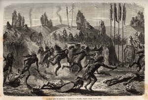 Après la cérémonie de don de soi au Grand Esprit, les jeunes guerriers embrassent une danse frénétique et débridée, les plus faibles traînent sur le sol, parmi les Indiens Mandans (ou noumah ka kie : faisans), sur la rive gauche du Missouri. Gravure pour i - Unknown artist