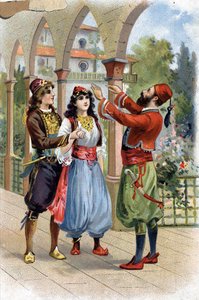 Ali Baba. (Ali-Baba) (Contes des Mille et Une Nuits) : pour récompenser Morgiane, Ali Baba la donne en mariage à son fils. Chromolithographie du XIXe siècle
