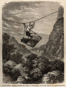Un ferry aérien, chemin au-dessus des vallées, une sorte de panier suspendu à une corde pour le transport des hommes et des matériaux, son déplacement se fait par la force des bras, tirant la corde de suspension. Gravure pour illustrer le voyage au Japon e - Unknown artist