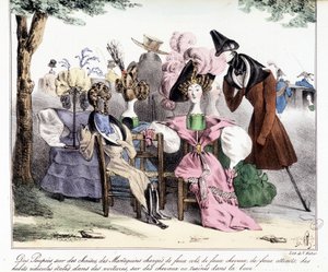 Description ironique de la mode bourgeoise du 19ème siècle : Poupées sur des chaises, modèles chargés de faux cols, faux chevaux, fausses attractions ; vêtements ridicules étalés dans des voitures, sur des chevaux ou traînés dans la boue. Dans La silhouett - Unknown artist